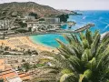 Widok na zatokę z plażą i palmami. Zastanawiasz się, ile się leci na Wyspy Kanaryjskie, by zobaczyć takie krajobrazy?