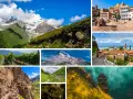 Malownicze góry w Gruzji: ośnieżone szczyty, zielone doliny, winnice, skalne miasta i tradycyjna architektura.