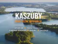Malownicze **Kaszuby jeziora** z lotu ptaka. Woda, zieleń, domy i tekst "Kaszuby Praktyczne informacje".
