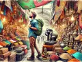 Kolorowy bazar w Indiach, gdzie turysta z plecakiem zastanawia się, co warto przywieźć z Indii: przyprawy, figurki, tkaniny.