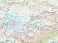 Mapa Prielbrusye National Park z zaznaczonymi szlakami i lodowcami, ukazująca teren najwyższego szczytu Kaukazu.