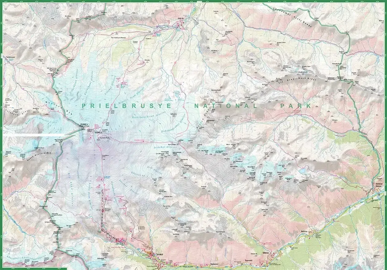 Mapa Prielbrusye National Park z zaznaczonymi szlakami i lodowcami, ukazująca teren najwyższego szczytu Kaukazu.