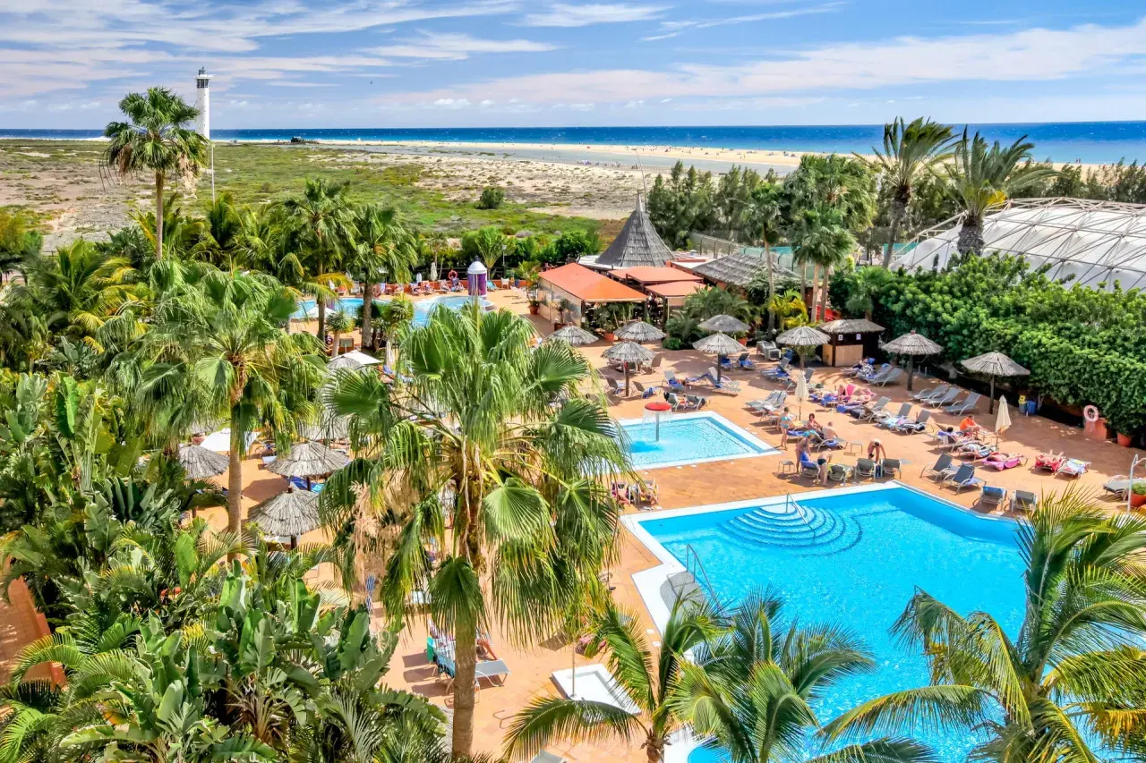 Relaks przy basenach hotelu IFA Altamarena, z palmami i widokiem na ocean.