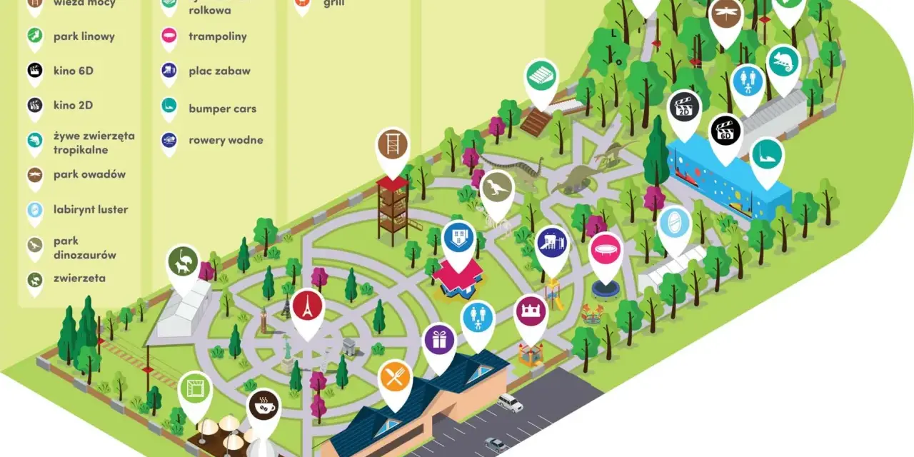 Mapa atrakcji w **Dream Park Ochaby**: park miniatur, park dinozaurów, kino 6D, dmuchańce, plac zabaw, restauracja i wiele innych.