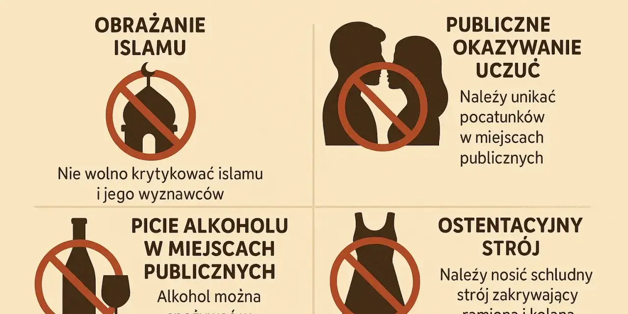 Informacje o tym, czy Tunezja jest bezpieczna, obejmują zakaz obrażania islamu, publicznego okazywania uczuć, picia alkoholu w miejscach publicznych i ostentacyjnego stroju.