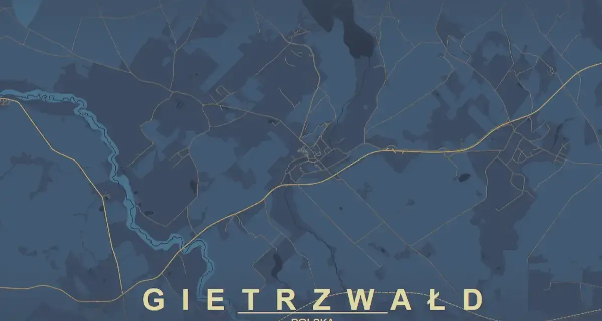 Mapa pokazuje, gdzie leży Gietrzwałd w Polsce. Widoczna jest rzeka i sieć dróg.