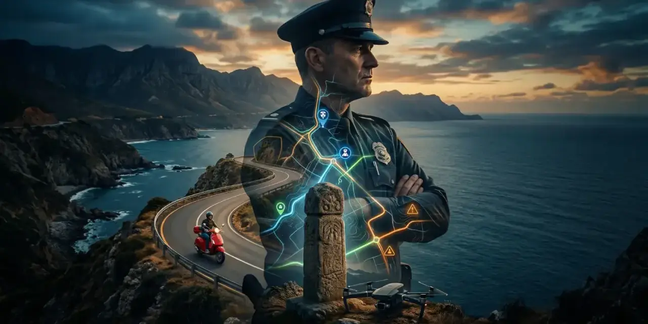 Policjant nad morzem, mapa z punktami, skuter i dron. W Albanii czego nie wolno? Uważaj na drogi i zasady.