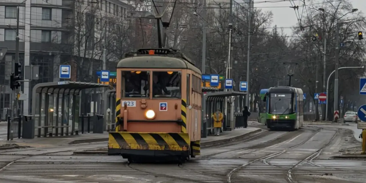 Gdy pada w Szczecinie, można wsiąść do tramwaju i podziwiać miasto z okna. Dwa tramwaje na torach, jeden pomarańczowy, drugi zielony.