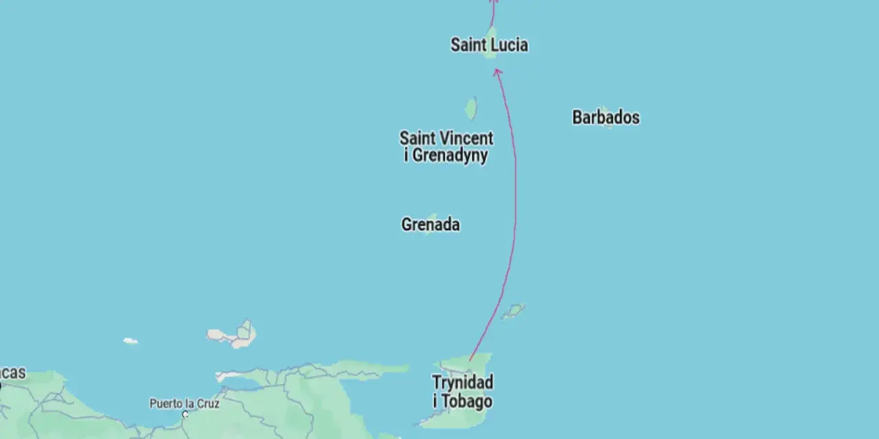 Mapa pokazuje, gdzie leżą Karaiby: Martynika, Saint Lucia, Saint Vincent i Grenadyny, Grenada, Trynidad i Tobago, Barbados, blisko Wenezueli.