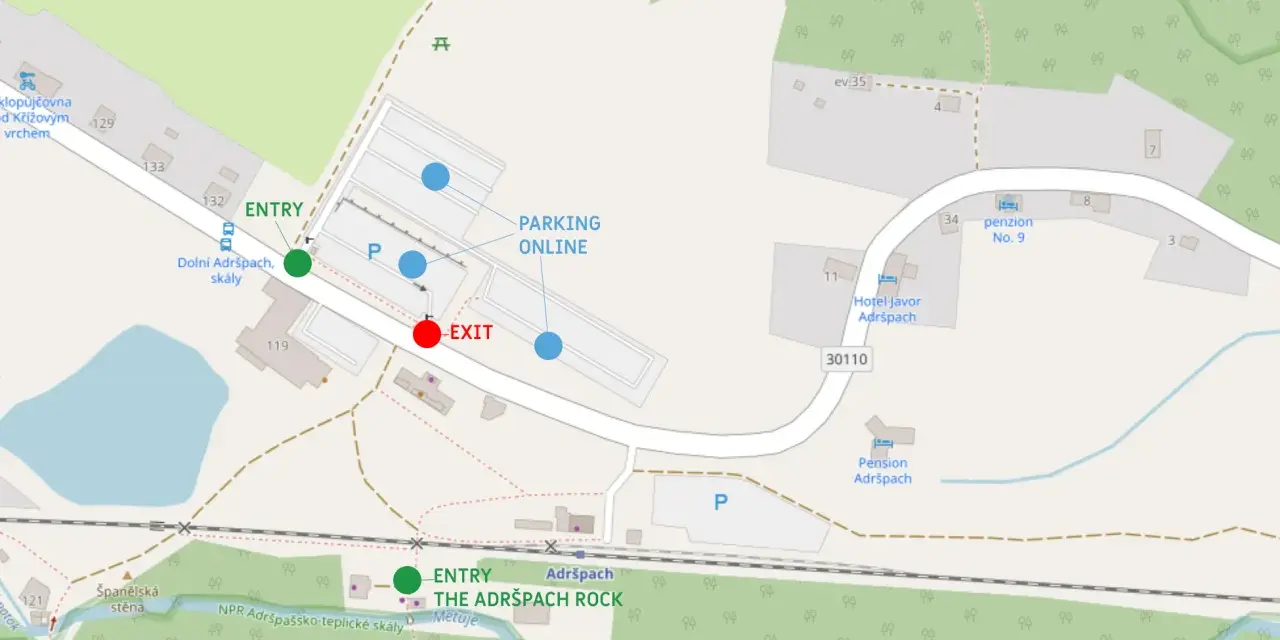 Mapa skalnego miasta w Czechach. Wskazuje wejście, parking i wyjście z Adršpach Rock.