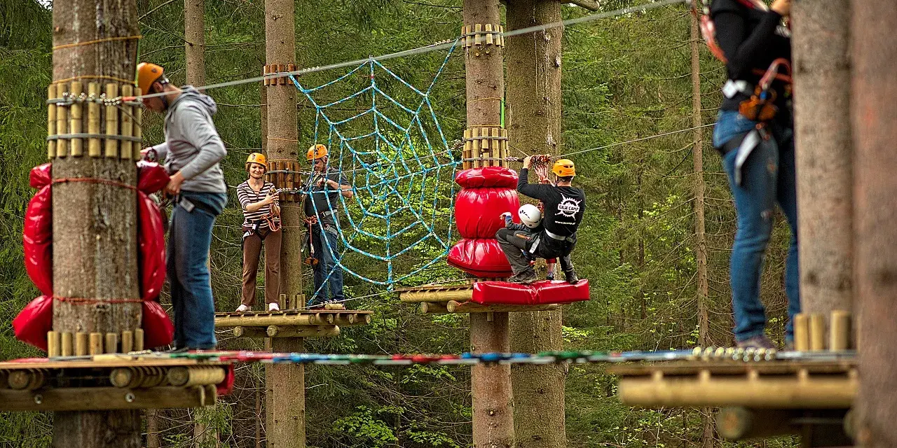 Park linowy Base Camp Istebna: ludzie na platformach wśród drzew, pokonują przeszkody, w tym pajęczynę.