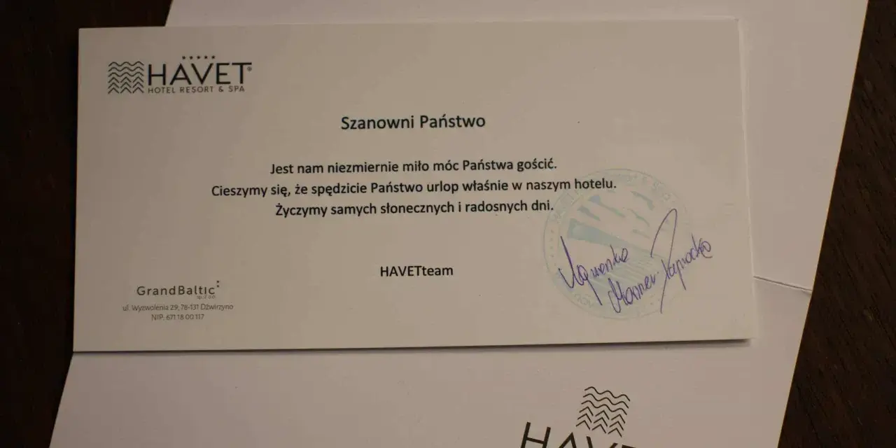 List powitalny z hotelu Havet. Dowiedz się, jak napisać opinię o hotelu, by pomóc innym gościom.