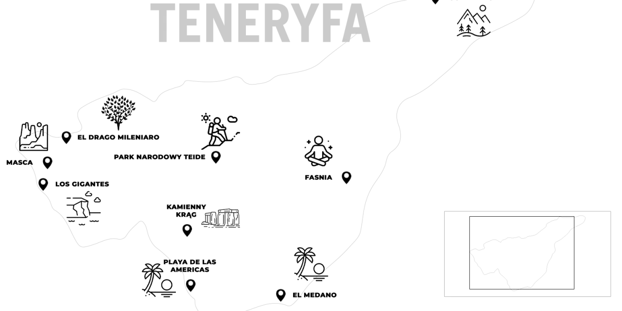 Mapa Teneryfy z ikonami: góry, turysta, medytacja, plaża. Idealna dla globtrotera planującego podróż.