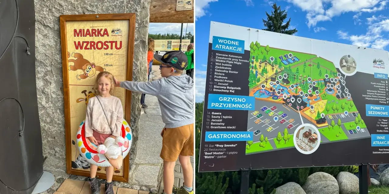 Dzieci mierzą wzrost przy tablicy "Miarka Wzrostu" w Białce Tatrzańskiej, gdzie latem czekają liczne atrakcje wodne i rozrywki.
