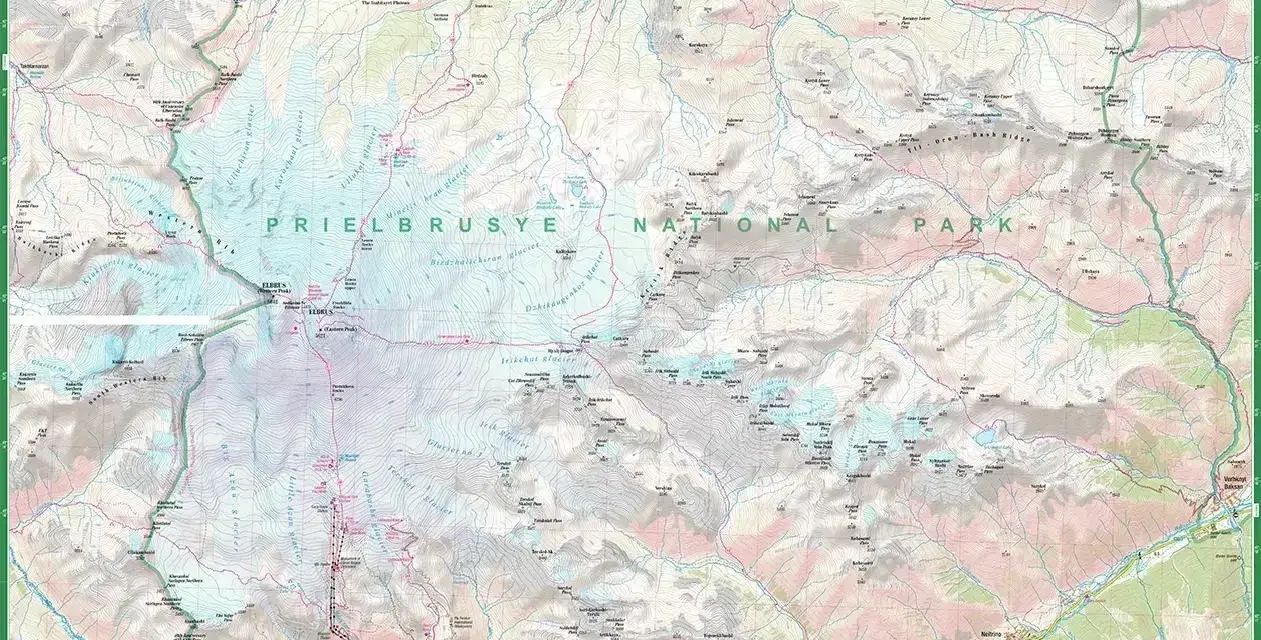 Mapa Prielbrusye National Park z zaznaczonymi szlakami i lodowcami, ukazująca teren najwyższego szczytu Kaukazu.