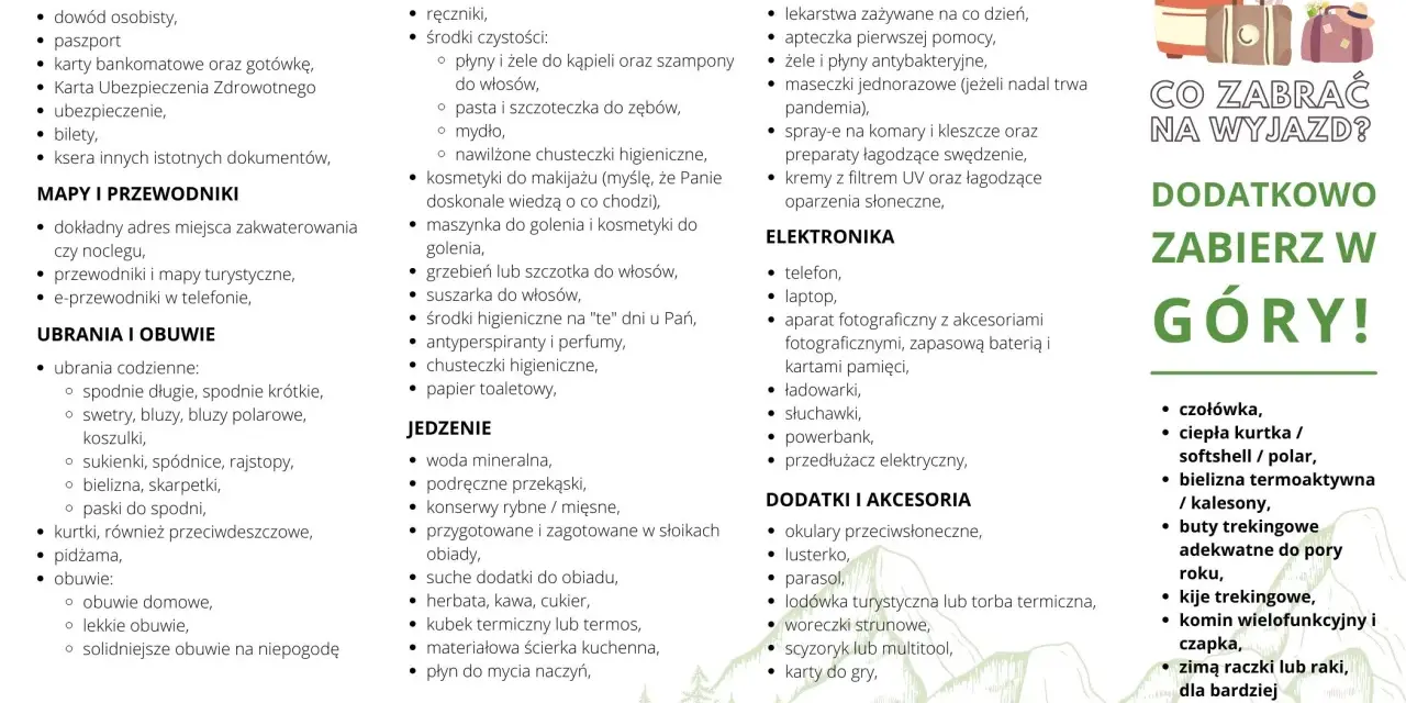 Lista rzeczy na wyjazd: dokumenty, kosmetyki, leki, elektronika, ubrania, jedzenie, akcesoria. W górach przydadzą się dodatkowe rzeczy.