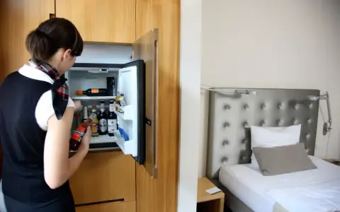 Kobieta sprawdza zawartość minibaru w hotelu. Czy minibar w hotelu jest płatny? Widać butelki z napojami i wino.