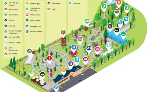 Mapa atrakcji w **Dream Park Ochaby**: park miniatur, park dinozaurów, kino 6D, dmuchańce, plac zabaw, restauracja i wiele innych.