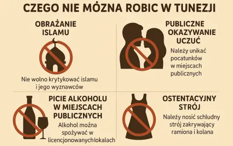 Informacje o tym, czy Tunezja jest bezpieczna, obejmują zakaz obrażania islamu, publicznego okazywania uczuć, picia alkoholu w miejscach publicznych i ostentacyjnego stroju.