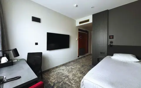 Pokój w hotelu Qubus Gorzów: łóżko, biurko, TV i drzwi do łazienki.