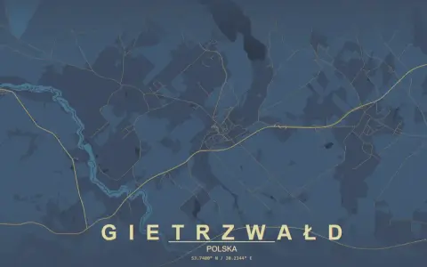 Mapa pokazuje, gdzie leży Gietrzwałd w Polsce. Widoczna jest rzeka i sieć dróg.