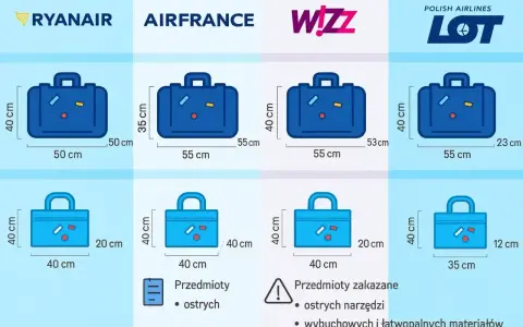 Porównanie wymiarów bagażu podręcznego i rejestrowanego dla linii lotniczych Ryanair, Air France, Wizz Air i LOT.
