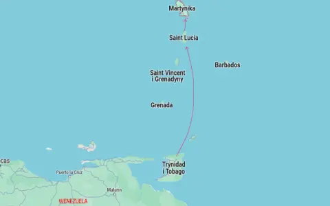 Mapa pokazuje, gdzie leżą Karaiby: Martynika, Saint Lucia, Saint Vincent i Grenadyny, Grenada, Trynidad i Tobago, Barbados, blisko Wenezueli.