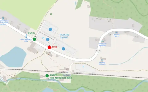 Mapa skalnego miasta w Czechach. Wskazuje wejście, parking i wyjście z Adršpach Rock.