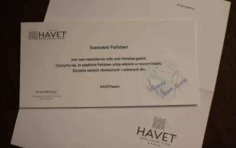 List powitalny z hotelu Havet. Dowiedz się, jak napisać opinię o hotelu, by pomóc innym gościom.