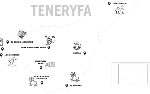 Mapa Teneryfy z ikonami: góry, turysta, medytacja, plaża. Idealna dla globtrotera planującego podróż.