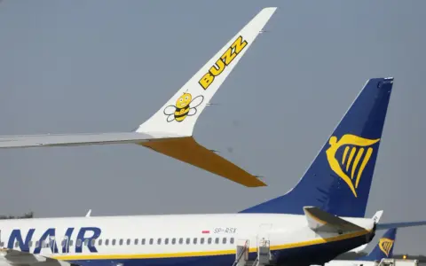 Samolot Buzz z pszczółką i napisami "BUZZ" oraz samolot Ryanair. Gotowe do lotu czarterowego.