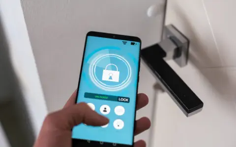 Smartfon z aplikacją hotelową pokazuje, jak się zameldować w hotelu, odblokowując drzwi.