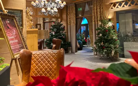 Przytulne wnętrze z choinkami i wygodnymi fotelami, idealne na pobyt z kolacją wigilijną.