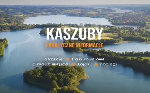 Malownicze **Kaszuby jeziora** z lotu ptaka. Woda, zieleń, domy i tekst "Kaszuby Praktyczne informacje".