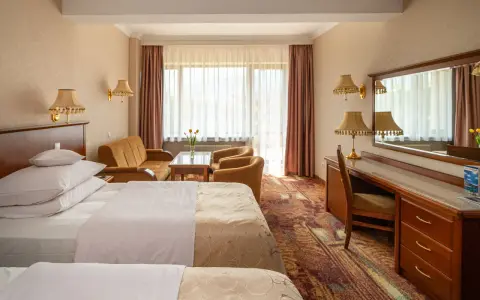 Pokój w Hotelu Gołębiewski Karpacz. Sprawdź cennik i zarezerwuj pobyt w tym przytulnym wnętrzu z dwoma łóżkami, kanapą i biurkiem.