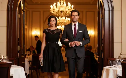 Elegancka para w hotelowej restauracji. Ona w czarnej sukience, on w garniturze. Idealny przykład, jak się ubrać na kolację w hotelu na wakacjach.