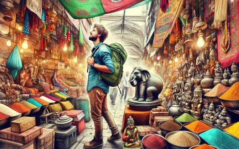 Kolorowy bazar w Indiach, gdzie turysta z plecakiem zastanawia się, co warto przywieźć z Indii: przyprawy, figurki, tkaniny.