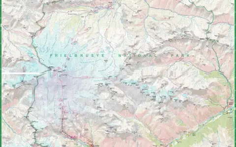 Mapa Prielbrusye National Park z zaznaczonymi szlakami i lodowcami, ukazująca teren najwyższego szczytu Kaukazu.