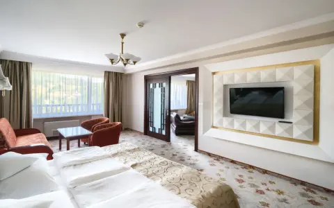 Wnętrze pokoju hotelowego z łóżkiem, kanapą i fotelem. Warto sprawdzić, ile pokoi ma Hotel Gołębiewski w Wiśle, by wybrać idealny dla siebie.