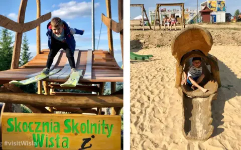 Chłopiec na nartach zjeżdża ze "Skoczni Skolnity" w Wiśle. Obok piaskownica z drewnianą zjeżdżalnią. Wspaniałe atrakcje dla dzieci w Wiśle!