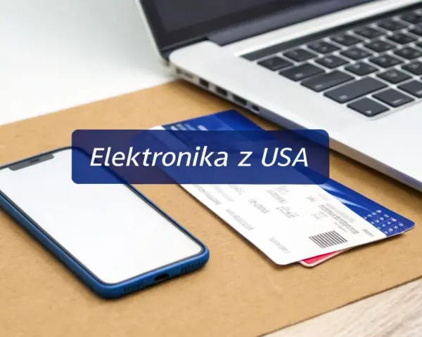Smartfon, laptop i karty płatnicze na tle tekstu "Elektronika z USA". Zastanawiasz się, co oplaca się kupić w Stanach?
