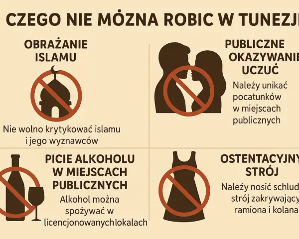 Informacje o tym, czy Tunezja jest bezpieczna, obejmują zakaz obrażania islamu, publicznego okazywania uczuć, picia alkoholu w miejscach publicznych i ostentacyjnego stroju.