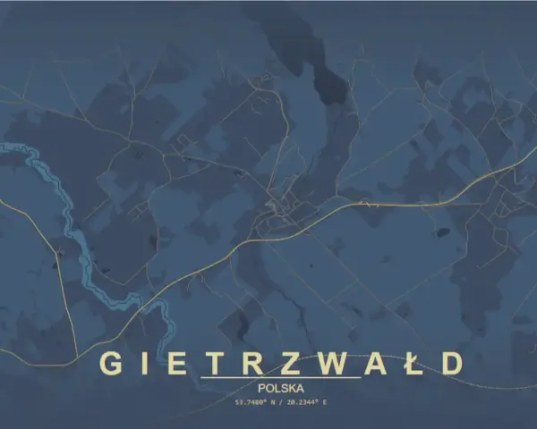Mapa pokazuje, gdzie leży Gietrzwałd w Polsce. Widoczna jest rzeka i sieć dróg.