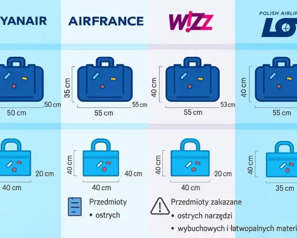 Porównanie wymiarów bagażu podręcznego i rejestrowanego dla linii lotniczych Ryanair, Air France, Wizz Air i LOT.
