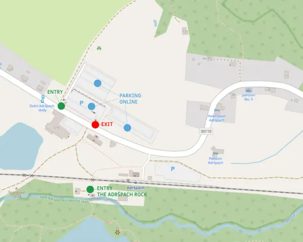 Mapa skalnego miasta w Czechach. Wskazuje wejście, parking i wyjście z Adršpach Rock.