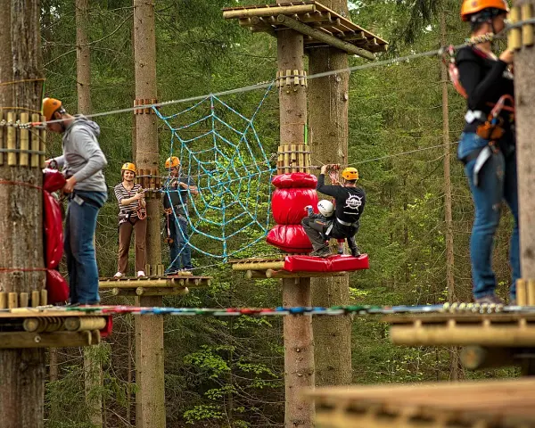 Park linowy Base Camp Istebna: ludzie na platformach wśród drzew, pokonują przeszkody, w tym pajęczynę.