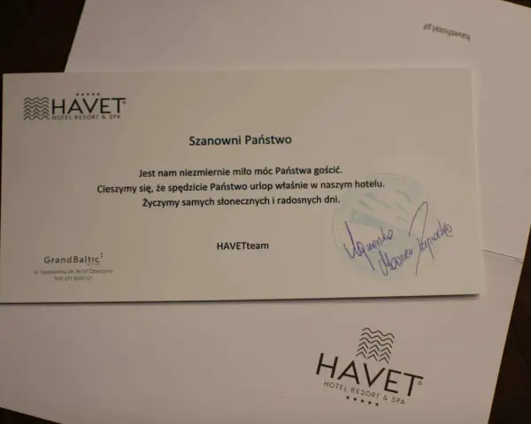 List powitalny z hotelu Havet. Dowiedz się, jak napisać opinię o hotelu, by pomóc innym gościom.