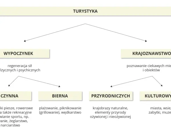 Schemat przedstawia rodzaje turystyki: wypoczynek (czynny, bierny) i krajoznawstwo (przyrodnicze, kulturowe). Odkrywaj walory turystyczne!