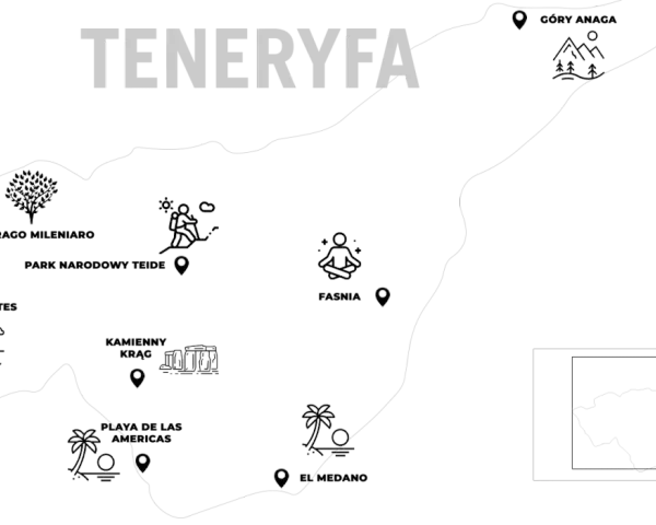 Mapa Teneryfy z ikonami: góry, turysta, medytacja, plaża. Idealna dla globtrotera planującego podróż.