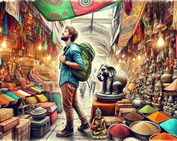 Kolorowy bazar w Indiach, gdzie turysta z plecakiem zastanawia się, co warto przywieźć z Indii: przyprawy, figurki, tkaniny.